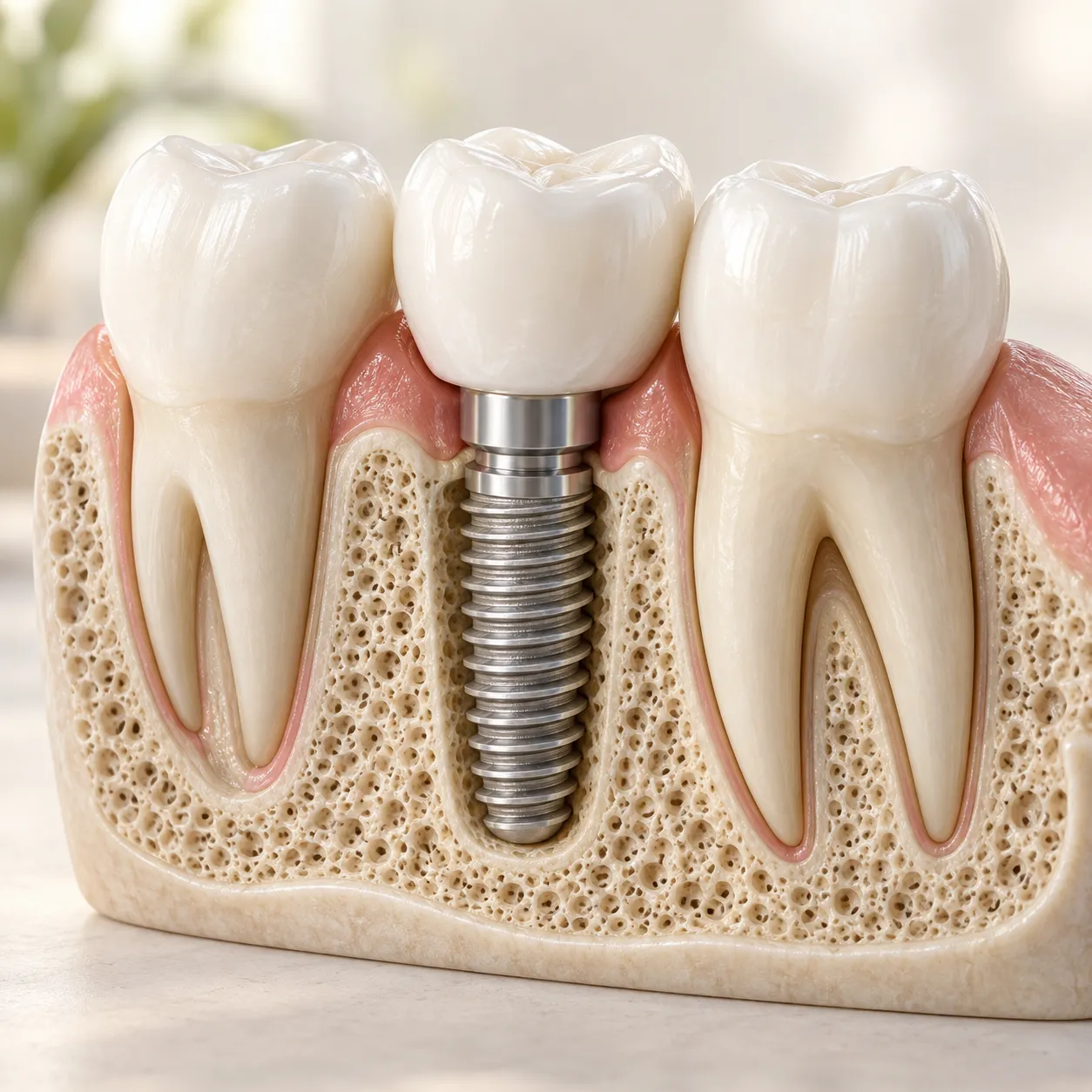 3D illustration of a dental implant and crown between two natural teeth, shown in a cutaway model