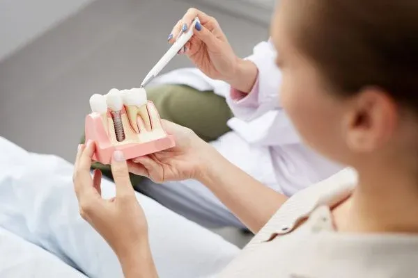 A dentist explaining a dental implant using a tooth model