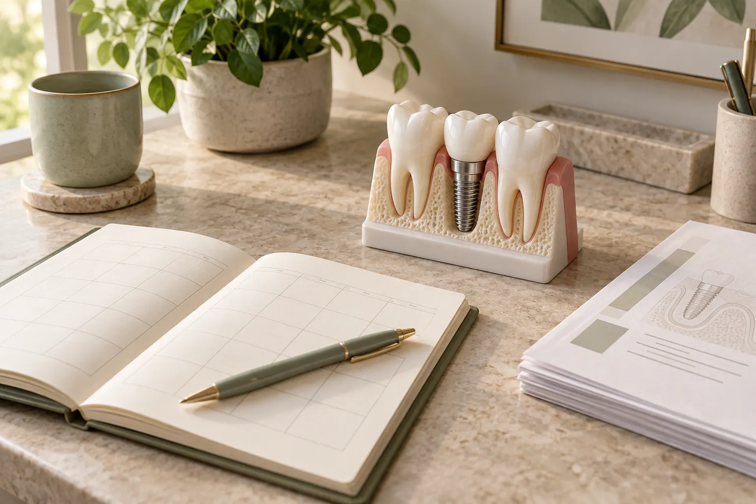 Illustrative scene with a dental implant model, appointment planner and treatment-plan papers on a desk