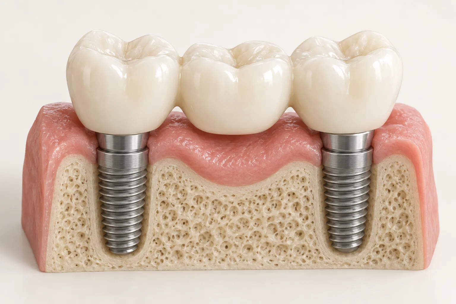 3D teaching illustration of three connected crowns supported by two implants, with no implant beneath the middle crown