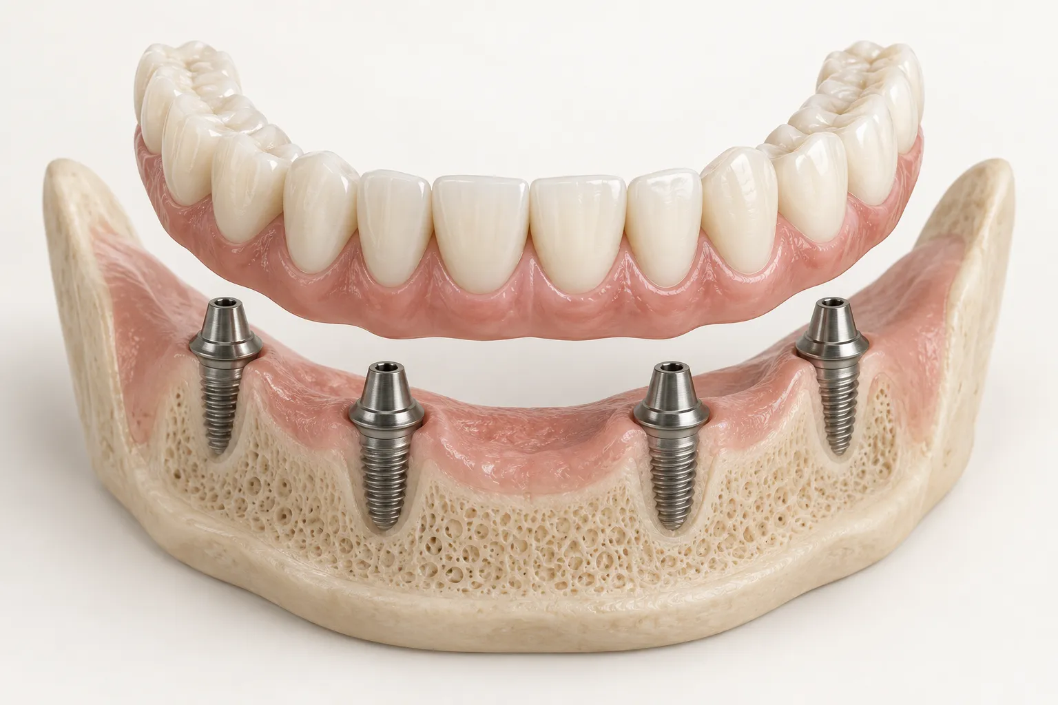 3D teaching illustration of a full lower-arch restoration lifted above its implant supports to show how the parts align