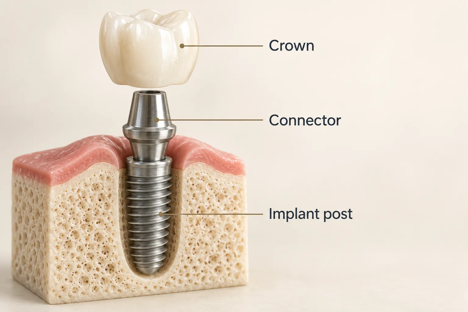 3D teaching illustration labelling the ceramic crown, metal connector and threaded implant post within a cutaway jawbone model