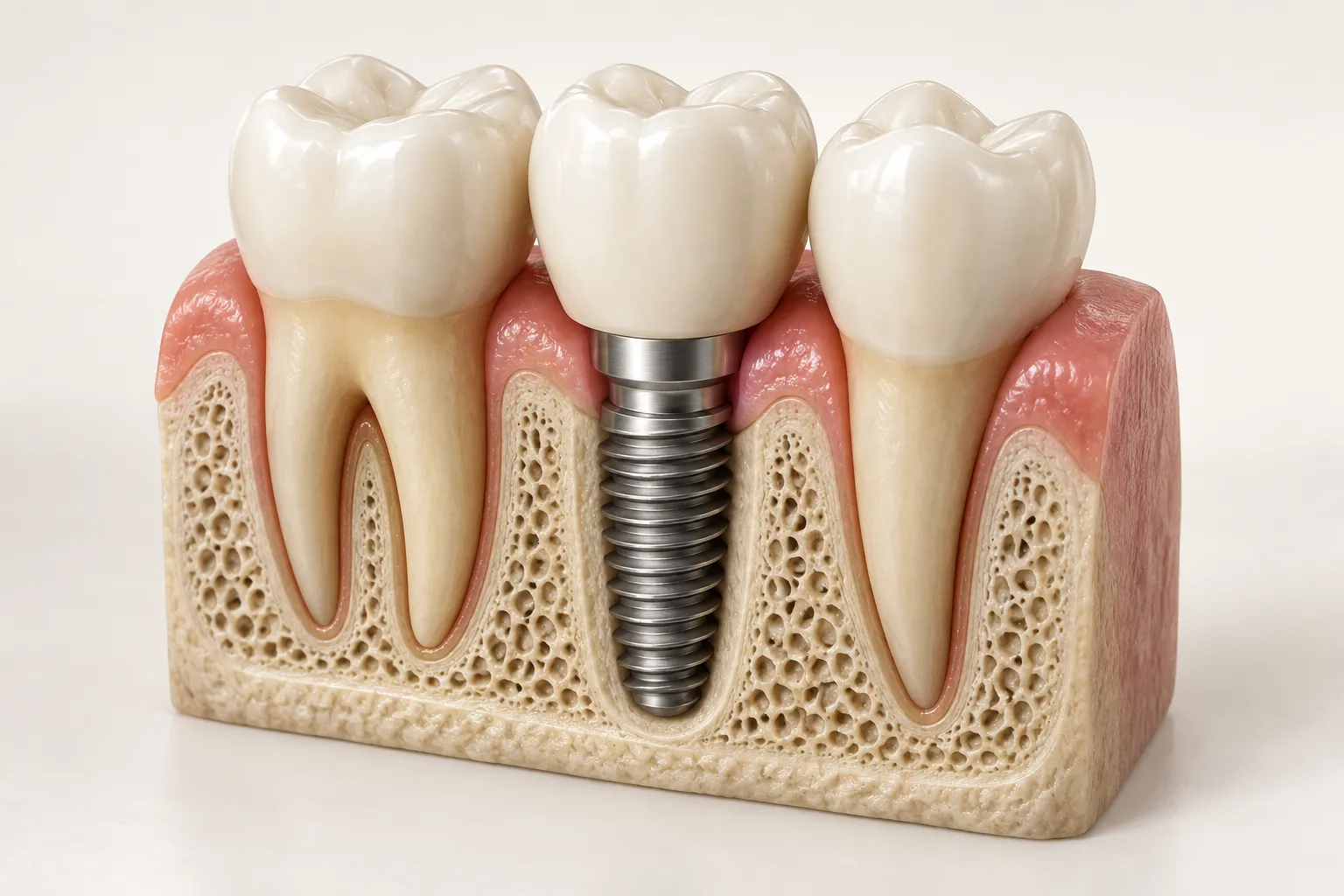 3D teaching illustration of a single implant crown between two natural teeth