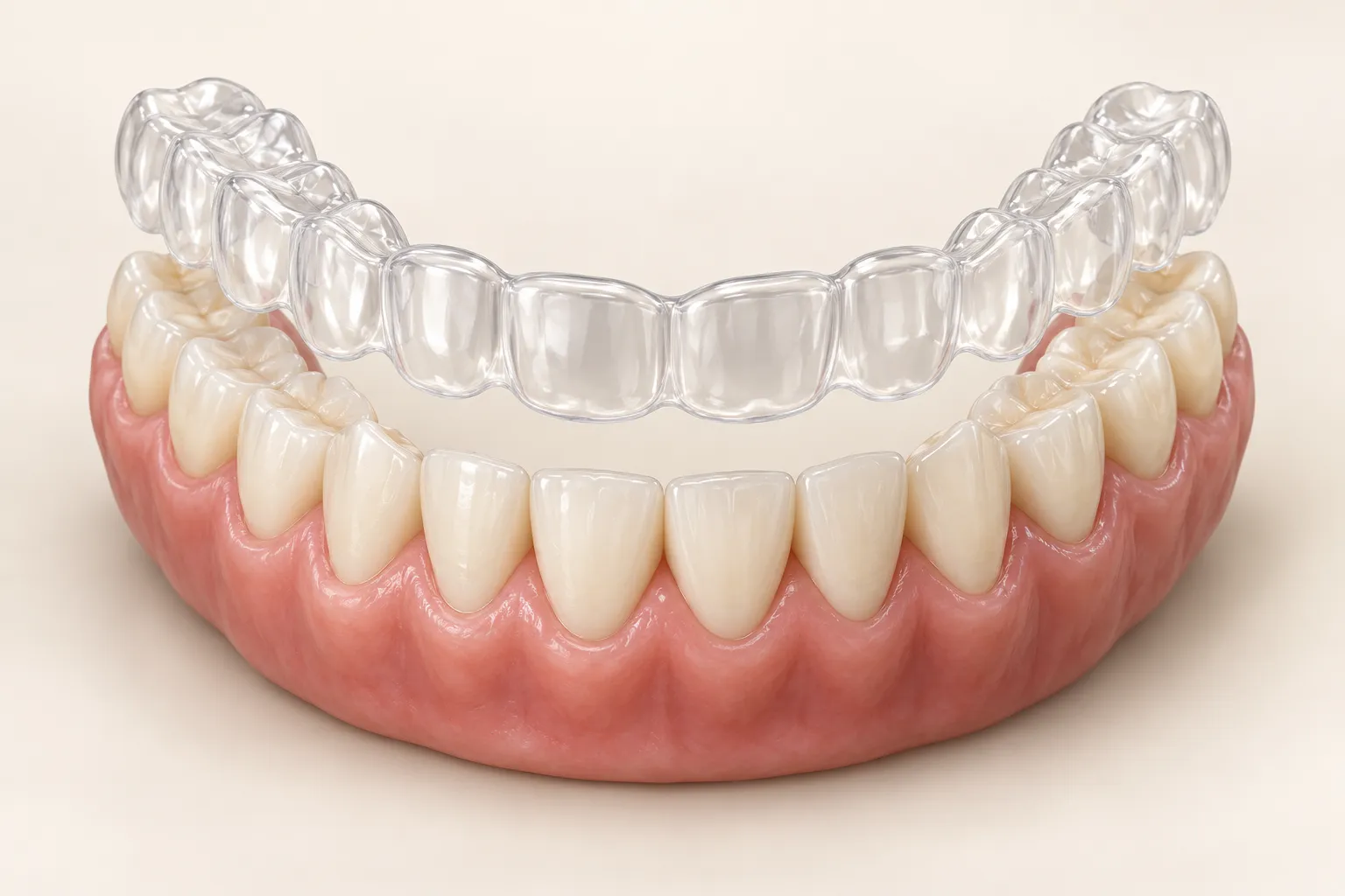 3D teaching model of a removable clear dental appliance above a tooth arch