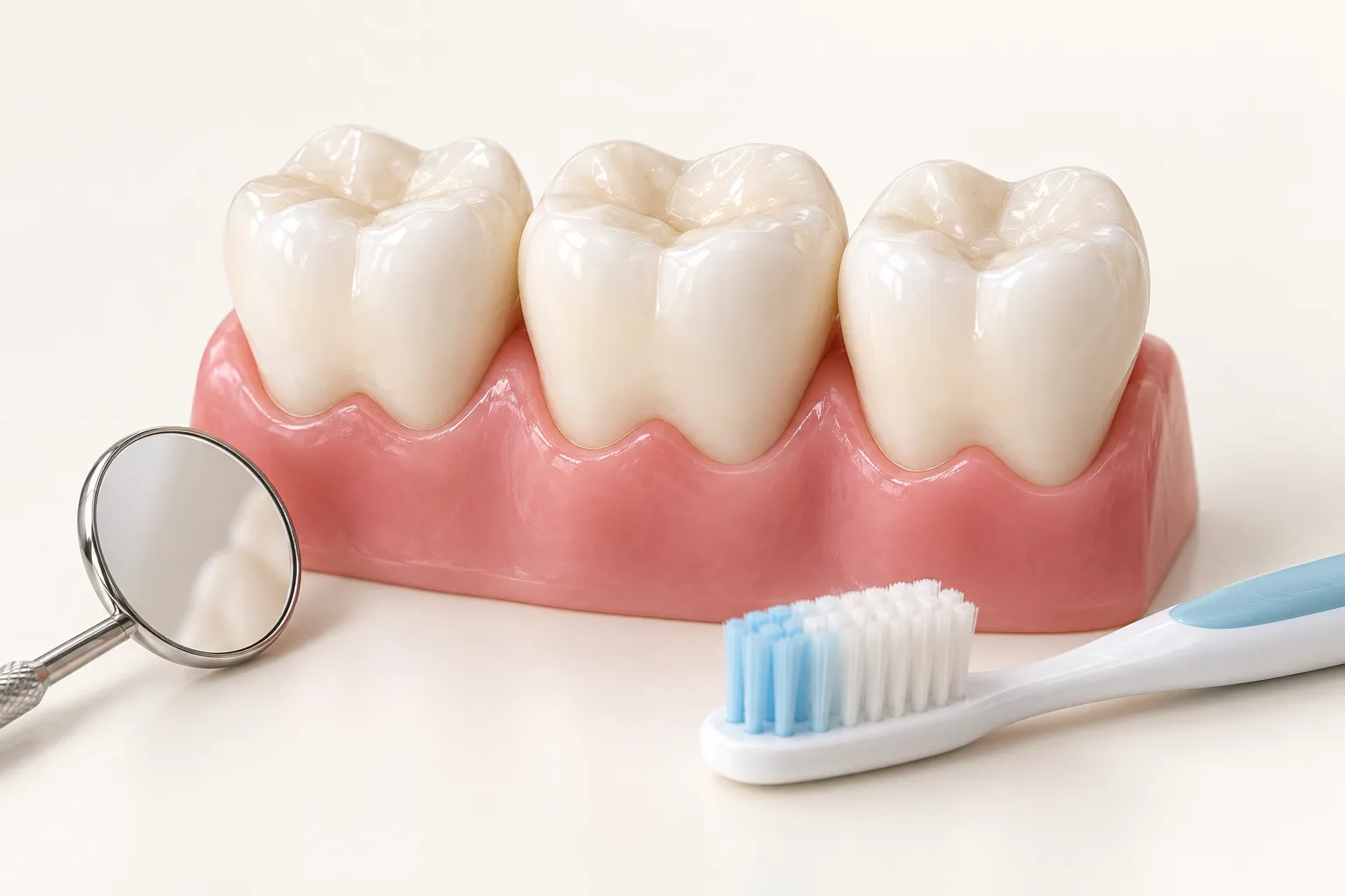 Illustrative dental model, mirror and toothbrush