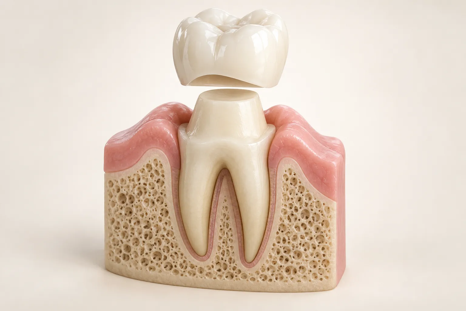 3D teaching model of a crown fitting over a prepared natural tooth