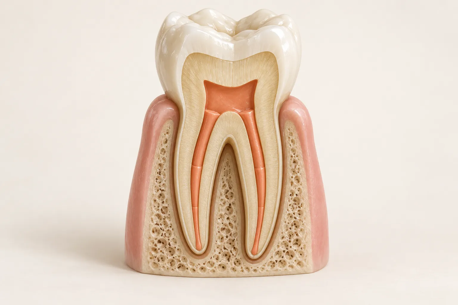 3D teaching model showing filled root canals within a cutaway tooth