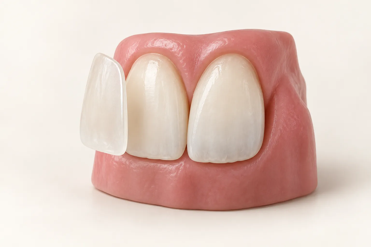 3D teaching model showing a thin veneer aligned with the front surface of a tooth
